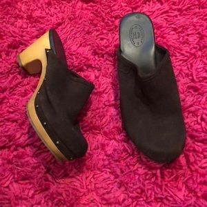 Brown suede clogs